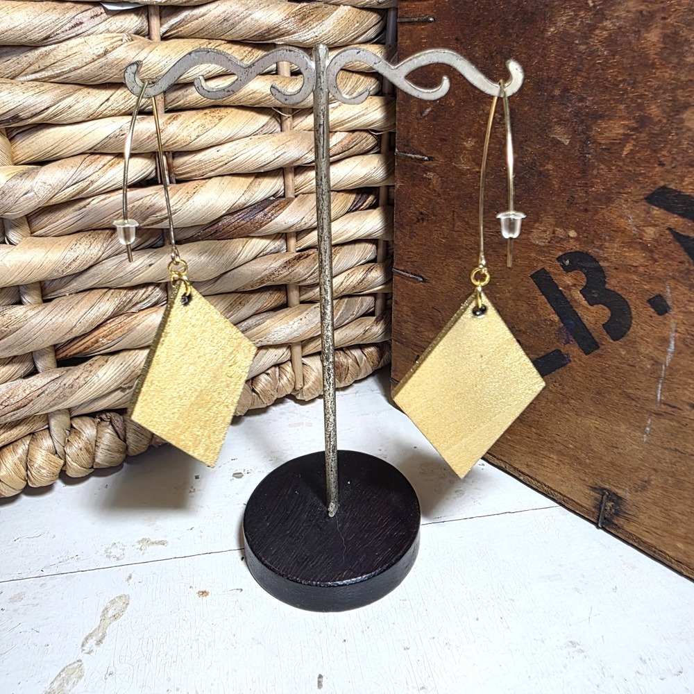 Handmade Abstract Wood Statement Earrings OOAK Taupe Brown Gold Metallic Dangles - Picture 2 of 7